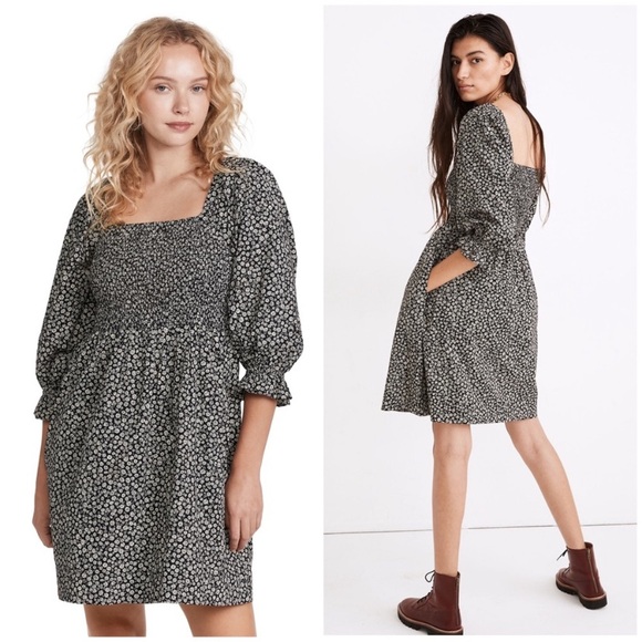 Madewell Lucie Elbow Sleeve Smocked Mini Dress in Parisian Ditsy - Picture 2 of 7